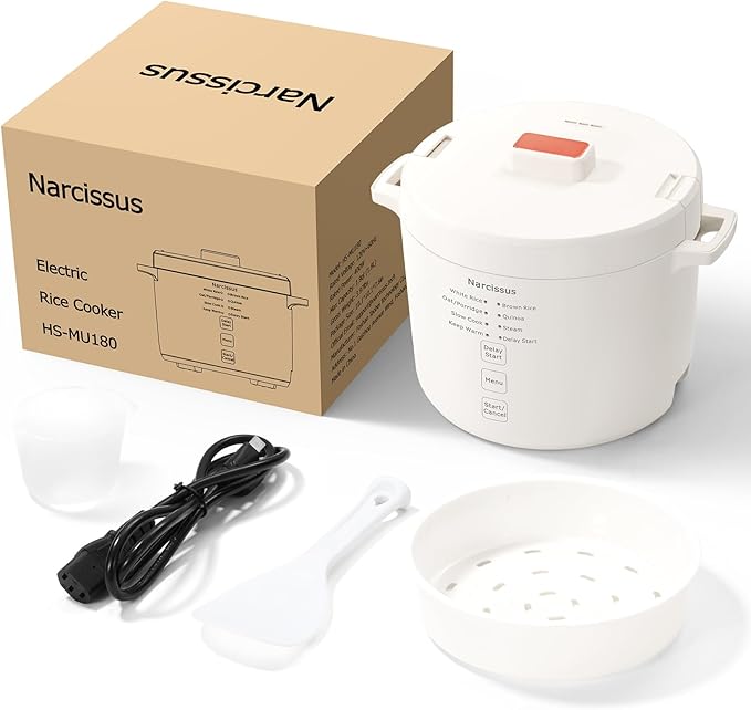 Narcissus 3.5-Cup Rice Cooker for 1-3 People, Multifunctional for Rice, Oatmeal, Quinoa - Slow Cook, Steam, Cook Rice & Steam Dish Together, Rice White