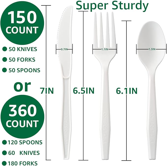 100%Compostable No Plastic Knives Forks Plastic Spoons Disposable Utensils, The Heavyweight Heavy Duty Flatware is Eco Friendly Products for Lounge Party Wedding BBQ Picnic Camping [360 Count]