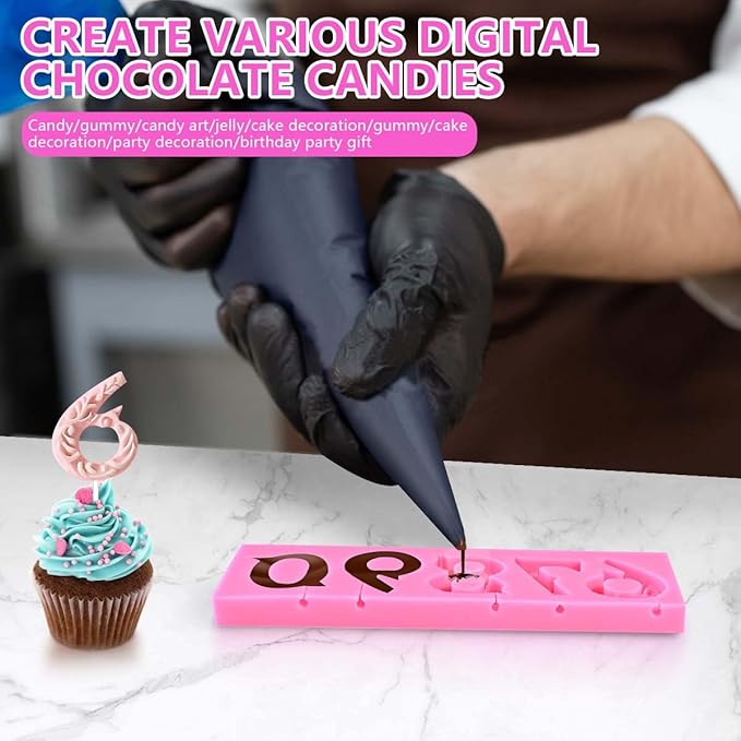 OBTANIM Silicone Number 0-9 3D Embossed Fondant Chocolate Mold with Stick Hole for Birthday Cake Decorating DIY Baking