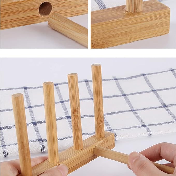 INNERNEED Bamboo Wooden Plate Racks Dish Stand Holder Kitchen Storage Cabinet Organizer for Dish/Plate/Bowl/Cup/Pot Lid/Cutting Board (Pack of 4)