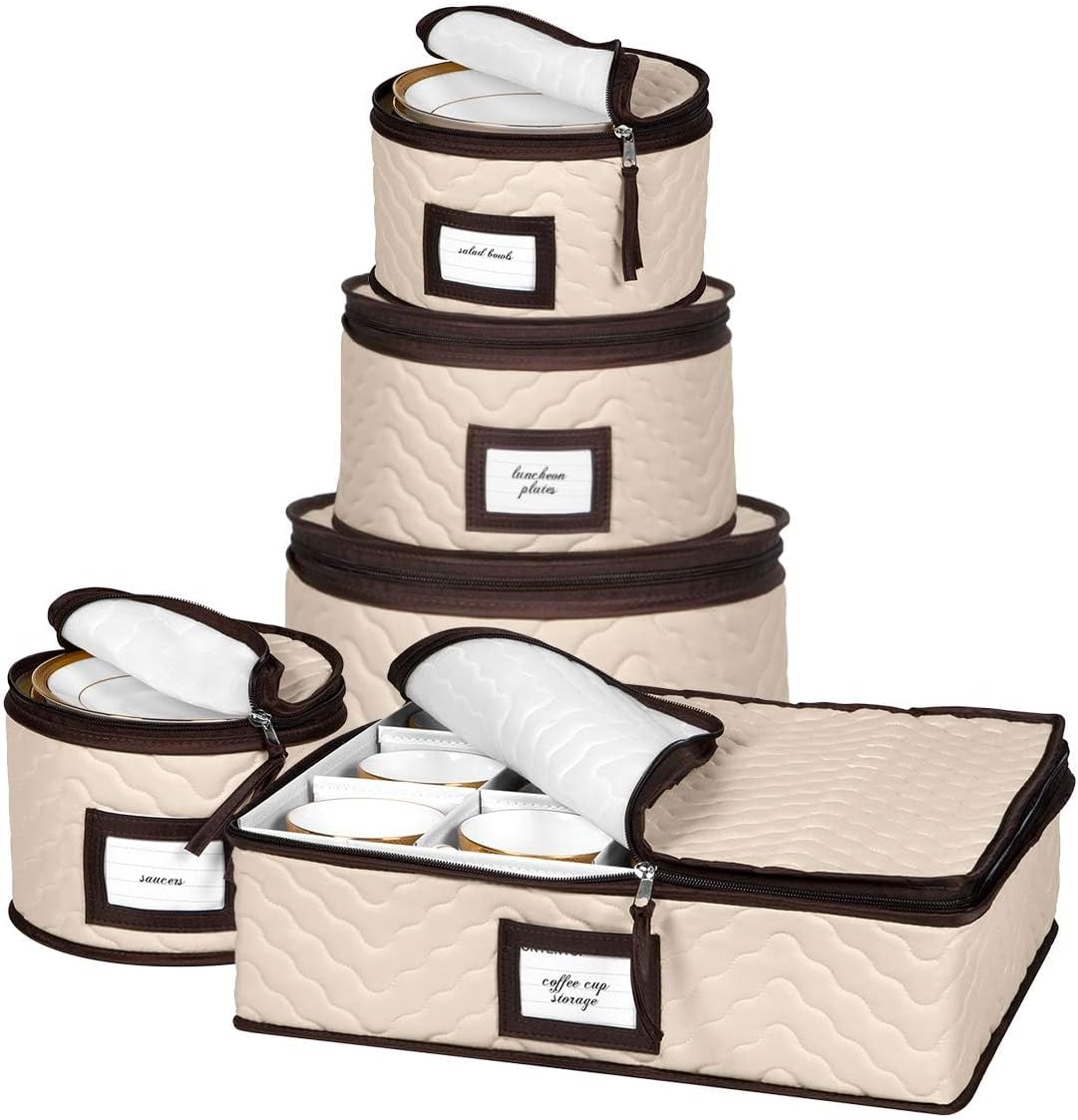 China Storage Containers 5-Piece Set Moving Boxes for Dinnerware, Glasses, Plates, Mugs and Saucers Sturdy Quilted Microfiber Dish Organizer with Dividers for Seasonal Storage - Holds Set of 12