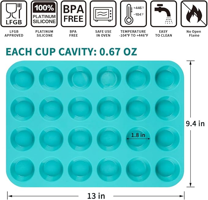 CAKETIME Mini Muffin Pan 24 Mini Cupcake Pans Silicone Molds Food Grade Silicone Muffin Pans for Baking Pack of 2