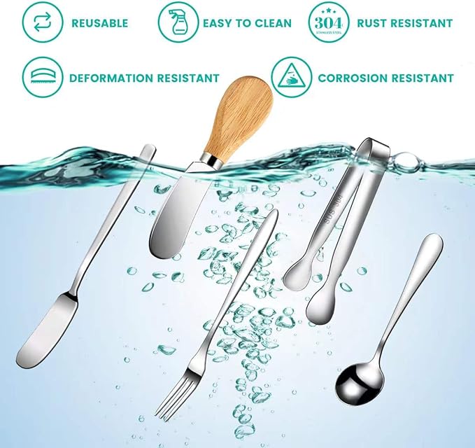 Charcuterie Board Accessories With 3 Oz Ceramic Dip Bowls, Wooden Handle Silver Cheese Spreader Butter Knive Set Kit, Mini Tongs, Spoons, Forks,Honey Dipper, Cocktail Picks
