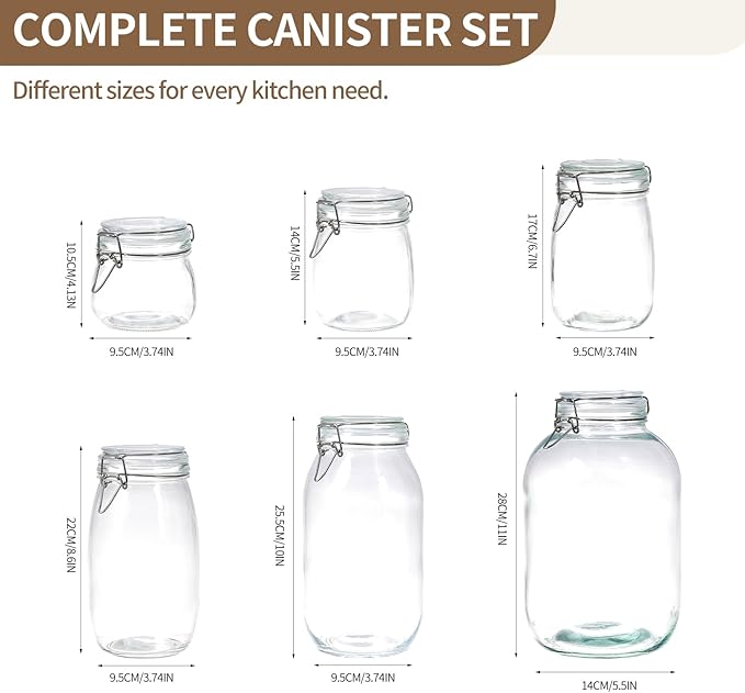 ODBCYWM 17oz Glass Food Storage Jars with Airtight Lids, Set of 6 – Clear Preserving Seal Wire Clip Fastening Canisters for Kitchen Canning, Flour, Cereal, Pasta, Sugar, Beans, Pickling Jars (17oz*6)