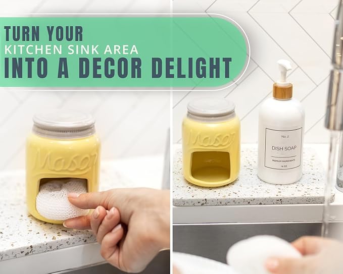 Comfify Ceramic Sponge Holder – Yellow Mason Jar Sink Caddy – Farmhouse Kitchen Accessory with Free Sponge