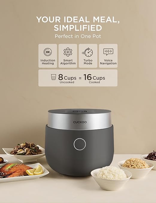 CUCKOO Non-Pressure Rice Cooker 8-Cup Uncooked / 16-Cup Cooked with Induction Heating Technology, Versatile Rice Maker with 12 Menu Options and Steam Plate, Voice Guide, Gray (CR-HA0810FG)