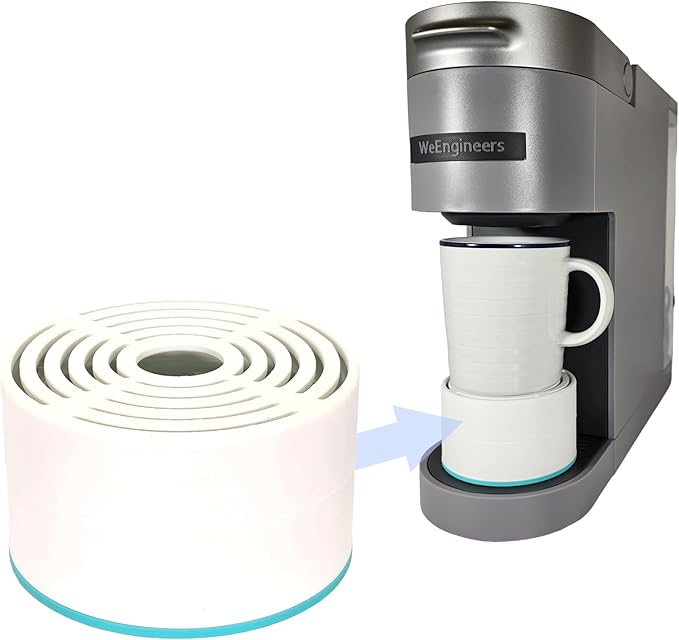 Elevate Anti-Splash Cup Riser Accessory for most Keurig K-cup, Cuisinart Single Serve, and other Coffee Makers, Adjustable for Cup Size and Drip Tray Type (White with Turquoise)