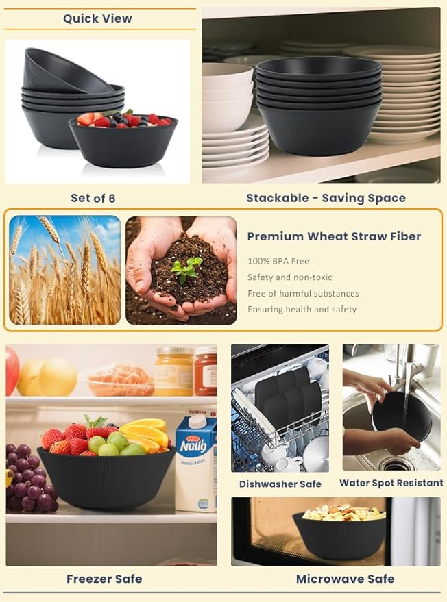 Homienly Cereal Bowl, Large Soup Bowl Set, Wheat Straw Bowl with Textured Design - 36oz Bowl Set, 6 PCS Microwave and Dishwasher Safe Bowls, Bowls for Kitchen, Serving Soup,Ramen,Pho,Salad - Black