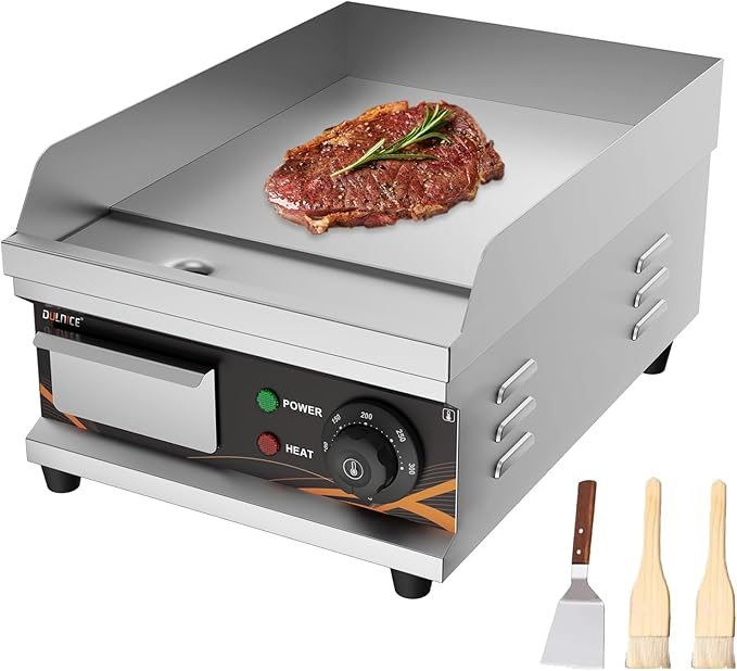 Commercial Electric Griddle 12 Inch, Electric Flat Top Grill with Temperature Adjustable, Brushes, Shovels, Stainless Steel Non-Stick Teppanyaki Grill for Home & Restaurants, 1500W
