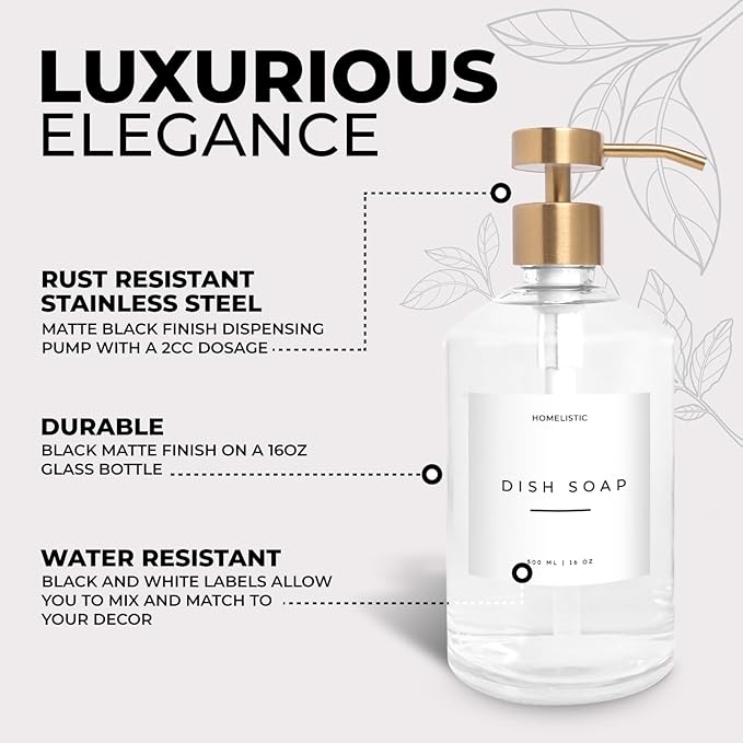 Homelistic Clear Glass Soap Dispenser Set with Champagne Gold Pump – 16oz Refillable Kitchen & Bathroom Soap Dispensers (2 Pack) Rust-Resistant Stainless Steel Pumps, 48 Labels