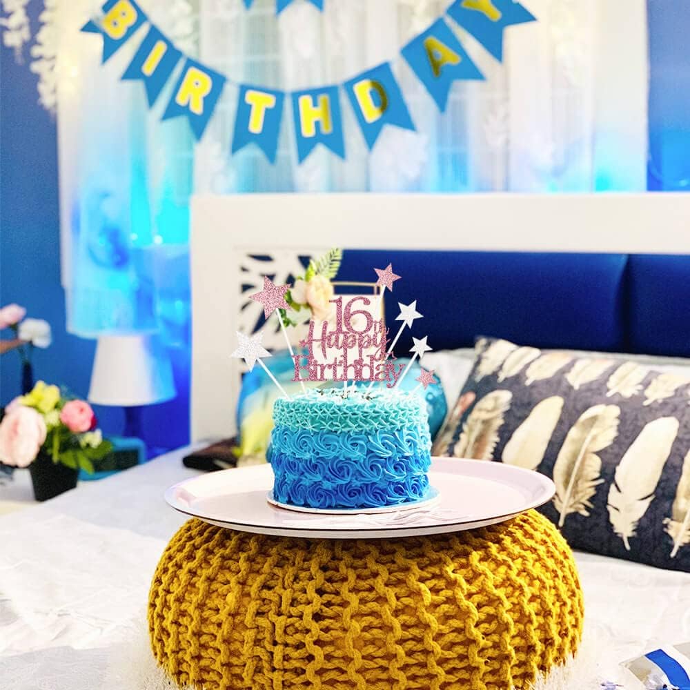 Glittery 16th Happy Birthday Cake Topper with Star,Personalised 16 Birthday Cake Toppers Party Decorations Party Supplies for Boys Girls Rose Gold