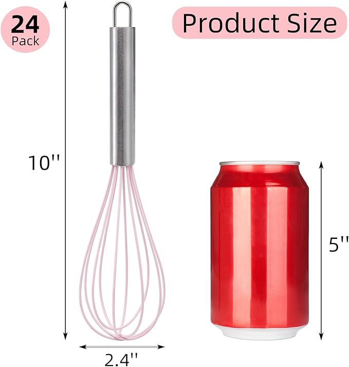 Set of 24 Silicone Whisk Bulk for Cooking, 10 In Wisking Tool Non Scratch, Flexible Rubber Whisks for Nonstick Pans, Kitchen Hand Whisk for Blending Beating Baking, BPA Free Dishwasher Safe