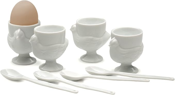 RSVP International Kitchen Accessories Collection Soft Boiled Egg, White Porcelain, Cup & Spoon Set, 8 Piece