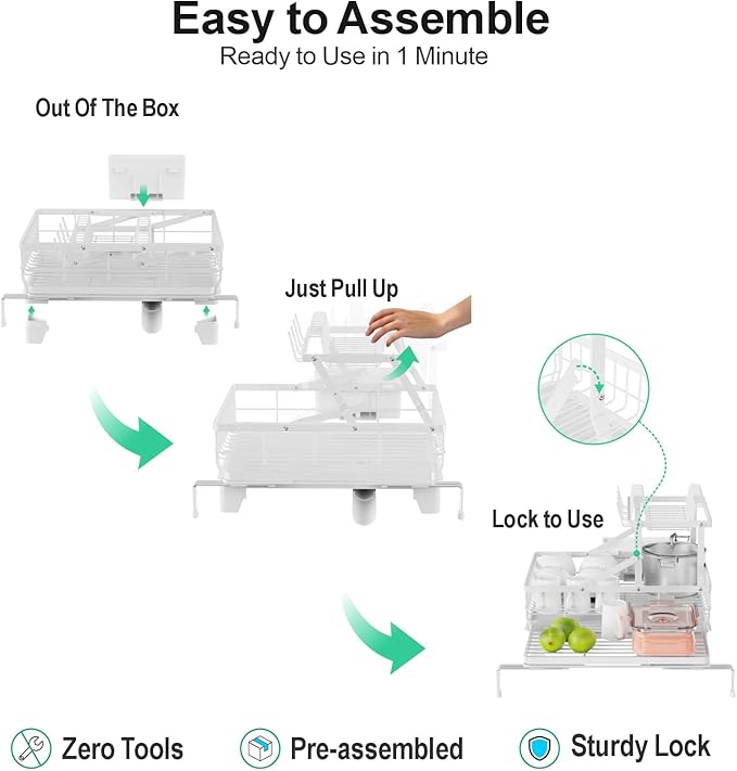 iSPECLE 2 Tier Dish Drying Rack for Kitchen Counter, Expandable Large Dish Drainer with Drainboard Set, Rust Resistant Dish Rack with Utensil & Cup Holder, 16.9" W x 14.4"-22.4" L, White