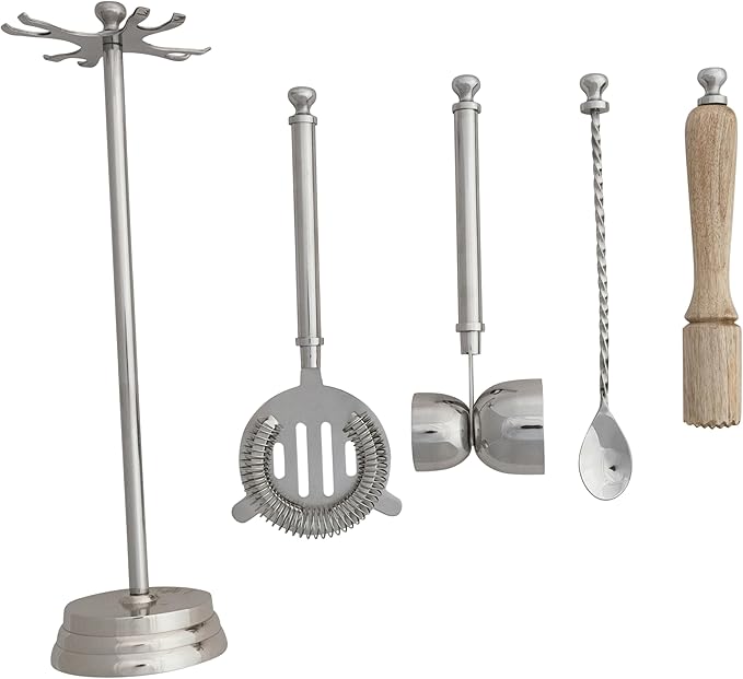 Creative Co-Op 5-Piece Stainless Steel and Mango Wood Bar Tools with Stand, Nickel Finish and Natural