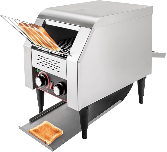 Commercial Conveyor Toaster 1300W, 150 Slices/Hour Stainless Steel Bread Oven with Dual Temp Control & Double Chutes - 7-Speed Adjustable