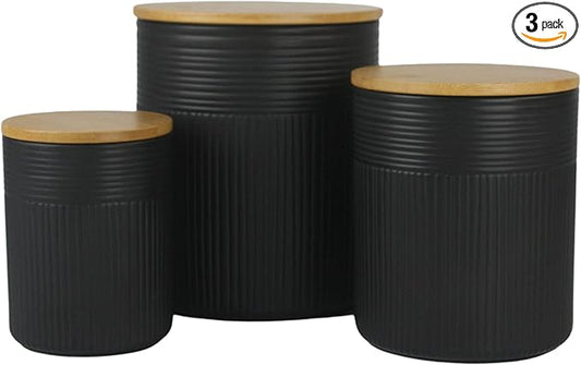10 Strawberry Street Luca Matte Black Embossed Ceramic Kitchen Canister Set, Set of 3, Bamboo Lids