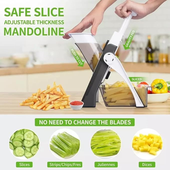 Safe Mandoline Slicer 5 in 1 Vegetable Chopper Food Cutter | Manual Adjustable Food Slicer for Potatoes, Carrots, Onions & Lemons | Multi-Functional Vegetable Grater, Dicer, Shredder & Kitchen Gadget