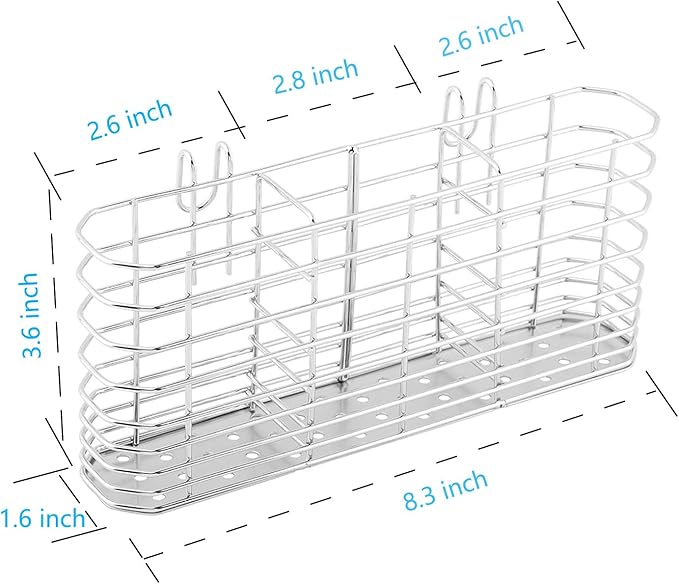 3-Compartment 304 Stainless Steel Utensil Holder | Hook Design Silverware Drying Rack | Drainage Basket for Kitchen Tableware Storage with Three Dishwashing Sponges and a Dishcloth