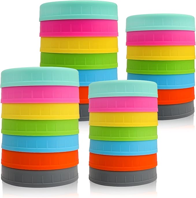 AOZITA [ 28 Pack ] Plastic Mason Jar Lids Fits Ball, Kerr & More - 14 Wide Mouth & 14 Regular Mouth - Colored Storage Caps for Canning Jars, Dishwasher Safe & Food Grade