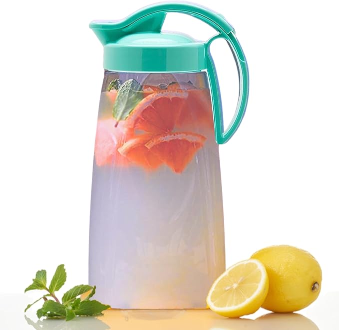Airtight Slim Fridge Water Pitcher with Lid, 74 oz (2.3 Qt) Space Saving Refrigerator Door Jug, Leakproof Easy Pour Spout Beverage Tea Container, BPA-Free SAN Plastic, Made in Japan (Turquoise)
