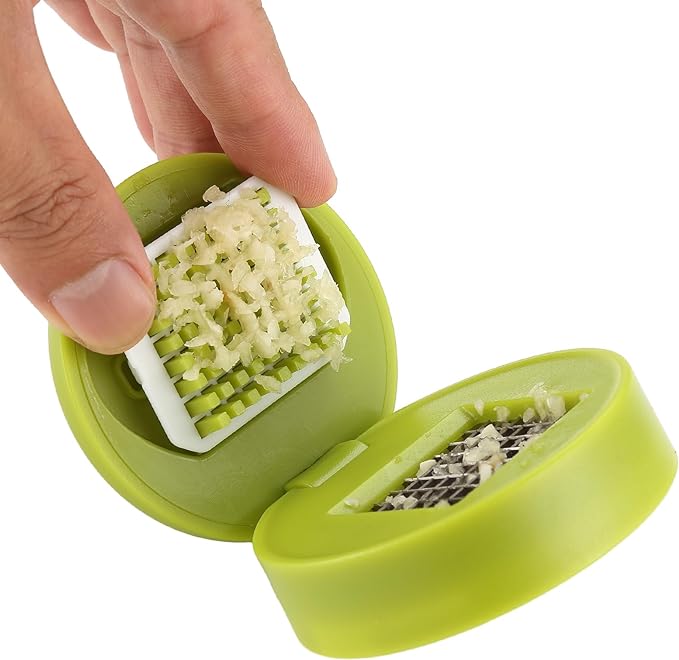 2PCS Garlic Presses, Garlic Chopper, Stainless Steel Blades Cutter, Crusher, Mincer, and Storage Container - Includes 2PCS mini Brushes - Suitable for both Home and Camping – (Green)