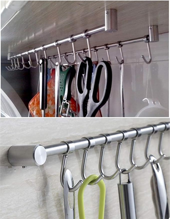 304 Stainless Steel Kitchen Utensil Racks with 7 Sliding Hooks Hangers Wall Mounted 15"