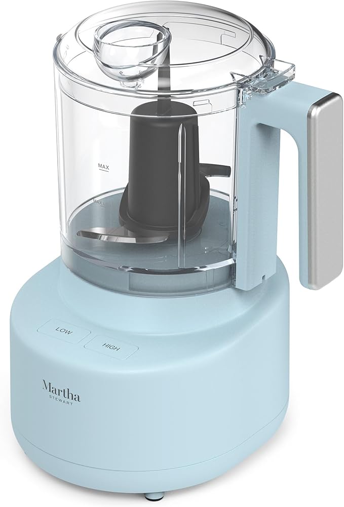 Martha Stewart 3 Cup Electric Food Chopper, Vegetable & Herb Mini Food Processor, 24oz BPA-Free Bowl, Stainless Steel Blades, Pour Spout, Dicing, Mincing, Chop & Puree, Dishwasher Safe, Sky