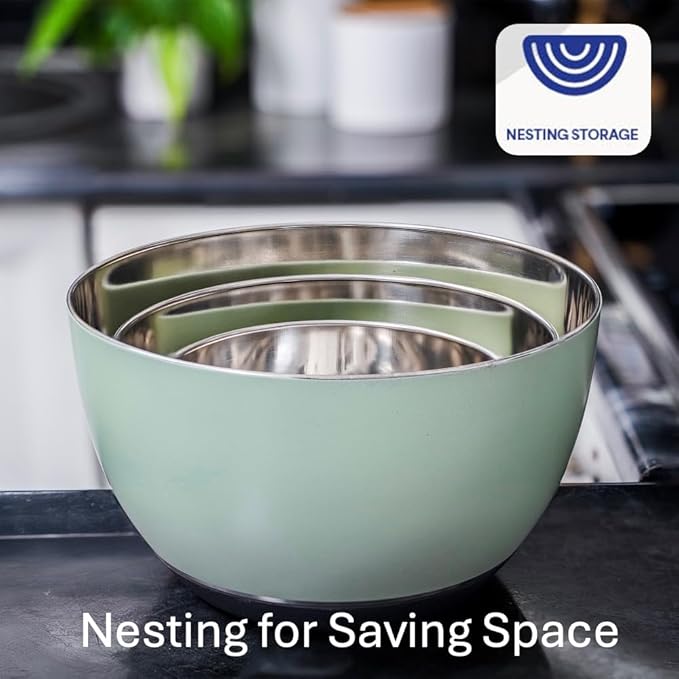 WHYSKO Stainless Steel Mixing Bowls Set of 3 with Non-Slip Silicone Base, Nesting Metal Bowls for Meal Prep, Baking, Cooking & Food Storage, Dishwasher Safe Kitchen Mixing Bowls, Green