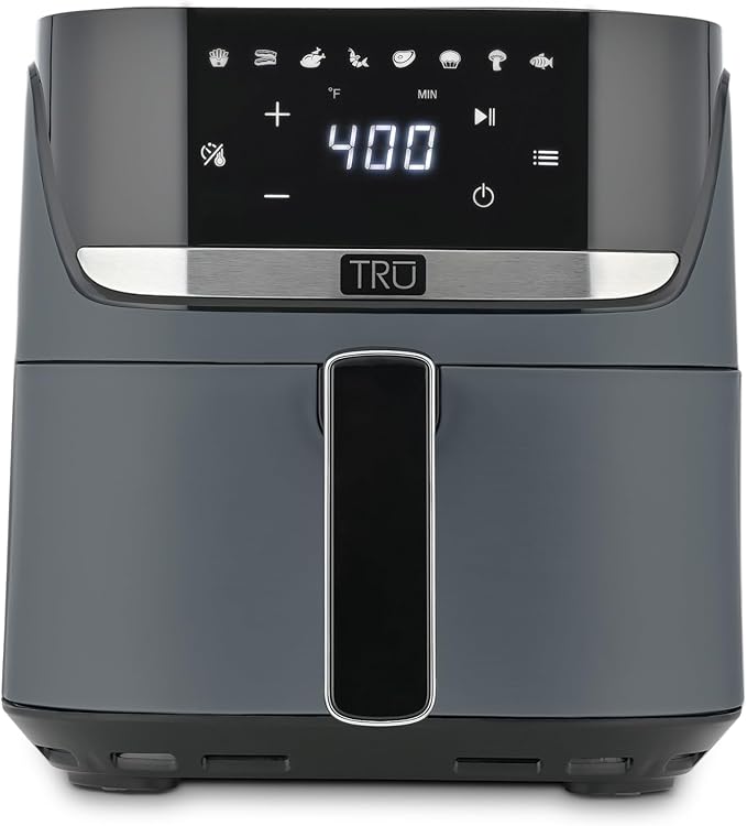 TRU 4-Quart Digital Air Fryer by Select Brands - Family Size, One-Touch Control, 8 Presets - Air Fry Chicken, Meat, Veggies, Fries - Nonstick Pot and Crisping Tray, Auto Shut Off, Matte Gray