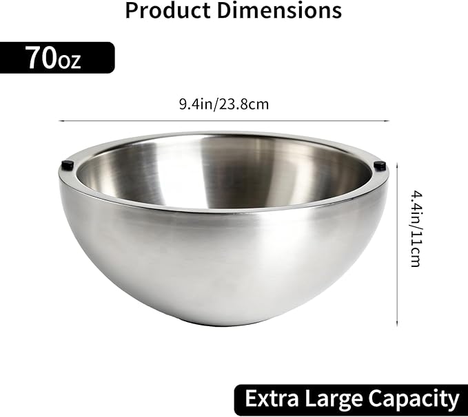 Dip Chiller Bowl 1 Pack- 70 OZ Large Capacity, Frozen Ice Stainless Steel Insulated Party Serving Bowl, Salad Pod for Parties Salsa, Guacamole, Condiments, Sauces, Keeps Food Hot or Cold (1)