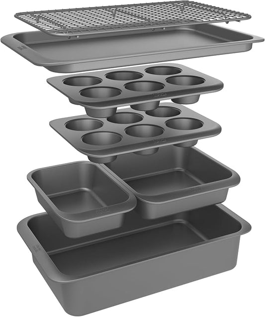 Chicago Metallic 7-Piece Nesting Bakeware Set - Carbon Steel Nonstick Baking Sheet, Loaf Pan, Muffin Pan, Cake Pan, Roaster and Cooling Rack - Space-Saving Kitchen Essentials