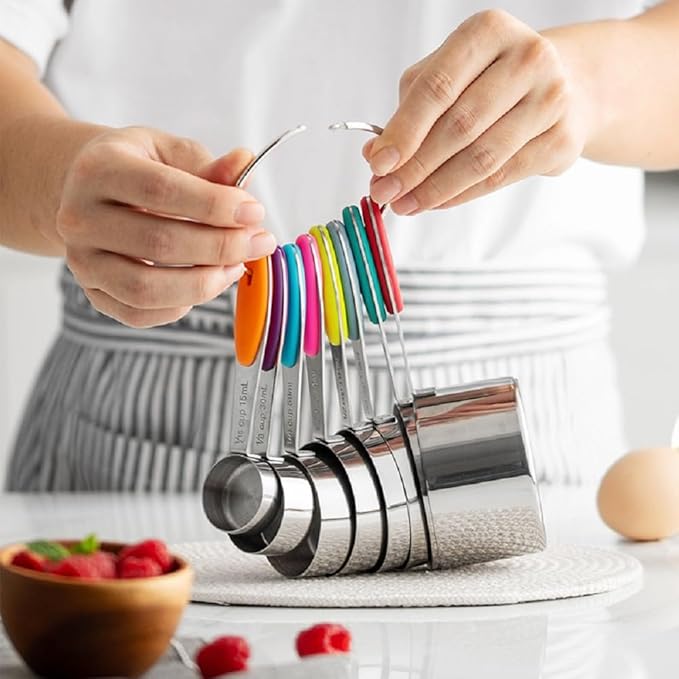 Measuring Cups and Spoons Set with Silicone Handle, Set of 13 Including Stainless Steel 8 Measuring Cups & 5 Measuring Spoons. Widely Used Cooking Baking Measurement as Kitchen Gadget.