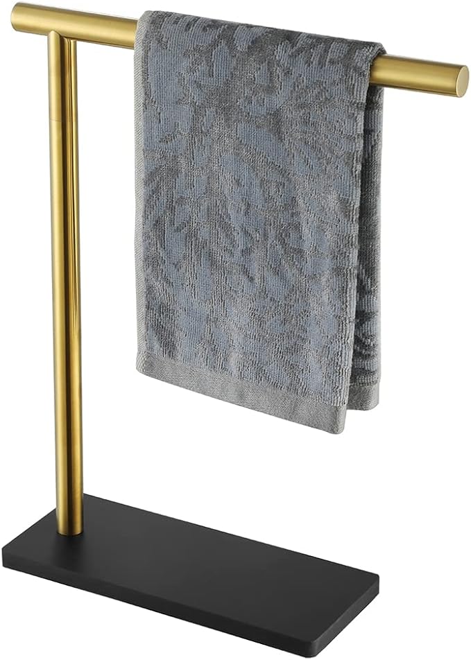 JQK Hand Towel Holder Stand Brushed Gold, Modern Tree Rack Free Standing for Countertop with 12 Inch Bar, 304 Stainless Steel Thicken 0.8mm, HTT170-BG