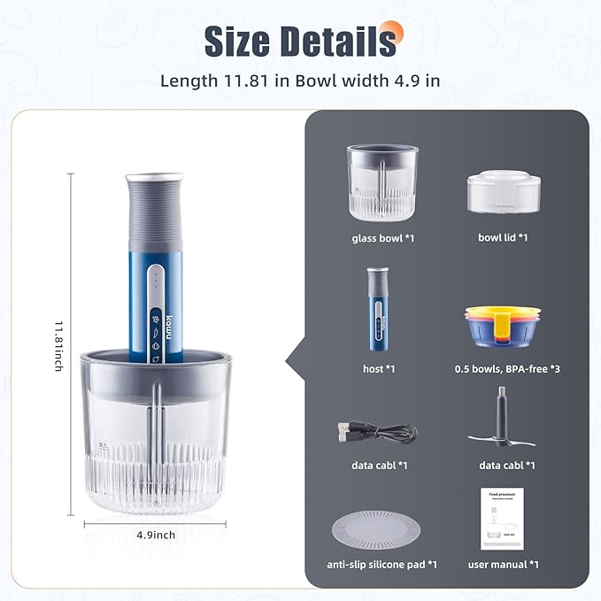 Kawu Electric Food Processor, Cordless Small Meat Grinder for Kitchen, Portable Vegetable Chopper with Glass Bowl, USB Rechargeable Meat Shredder, Mini Onion Chopper & Food Chopper Vegetable Cutter
