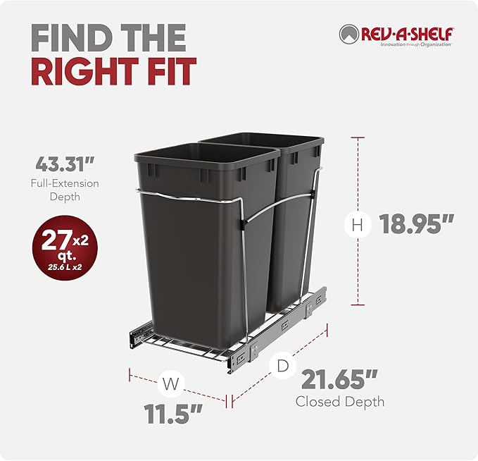 Rev-A-Shelf Pullout Trash Can for Kitchen Cabinets 27 Qt Garbage Waste Recycling Bin with Full Extension Slides, Orion Gray, RV-15KD-13C-S