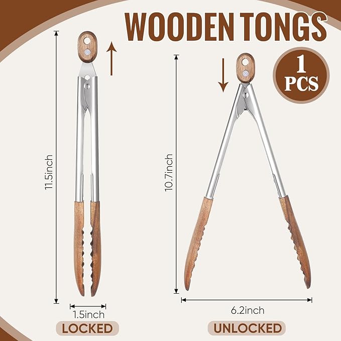 Baderke 1 Pcs Kitchen Tongs for Cooking Wooden Utensil Set Salad Tongs with Wood Tips for Serving Salad Flipping Burgers Grilling and Much More (11.4 Inch,Acacia Wooden)
