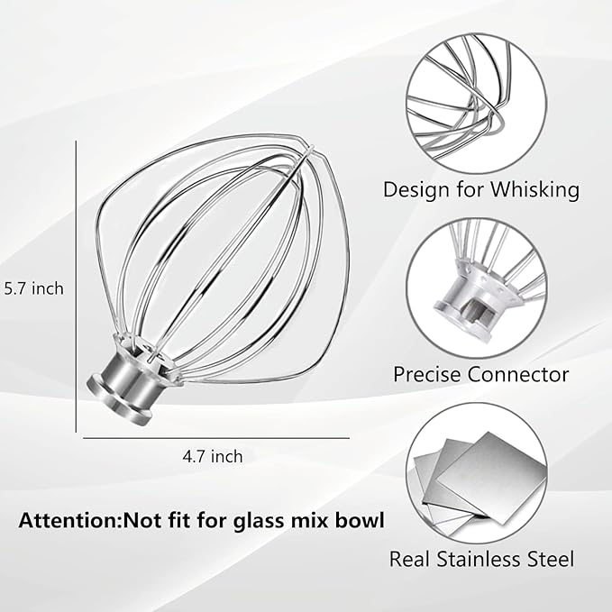 K45WW Stainless Steel Wire Whip for KitchenAid Artisan Series Tilt-Head Mixer 5 Quart Bowl, 6 Wire Whisk Fits for Artisan Mixer, Heavy Duty, Dishwasher Safe, Balloon Whisk