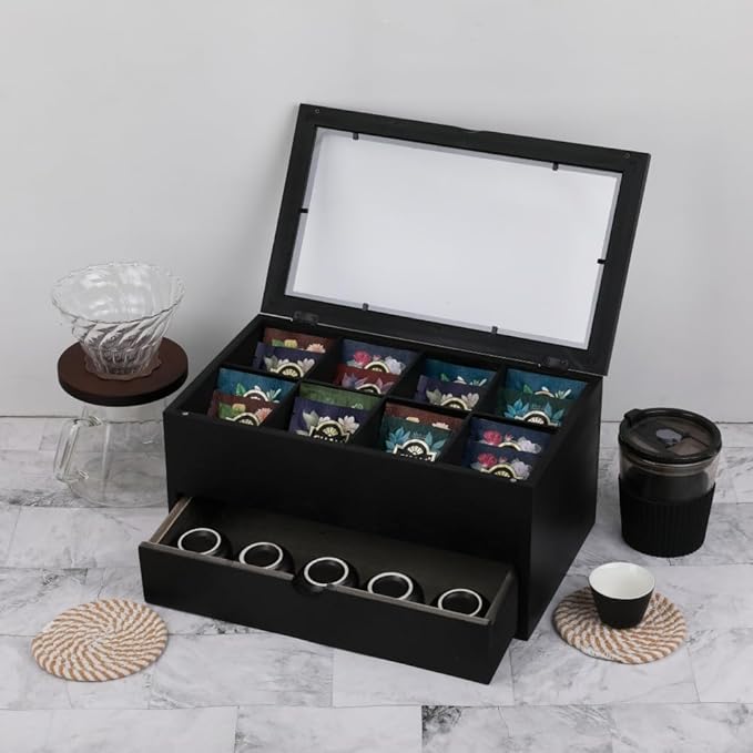 Tea Bag organizer Storage Box with Drawer Tea Organizers with Clear Acrylic Window Wooden Tea Box for Countertop with 8 Compartments Teabag Holder with 4 Cotton Woven Coasters（WBlack02）