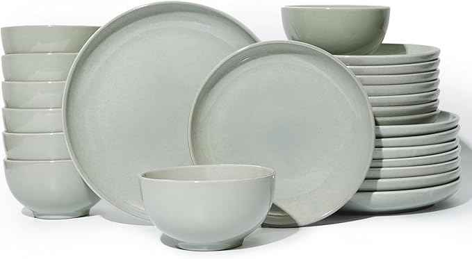 24 Piece Dinnerware Set for 8, Santorini Mist Terracotta Plates and Bowls Sets, Complete Stoneware Dish Set for Large Families and Entertaining, Microwave & Dishwasher Safe, Slate Green
