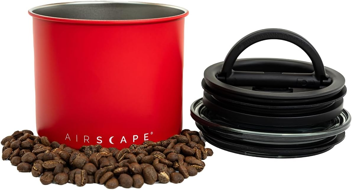 Planetary Design Airscape Stainless Steel Coffee Canister | Food Storage Container | US Patented Airtight Lid | Push Out Excess Air Preserve Food Freshness (Small, Matte Red)