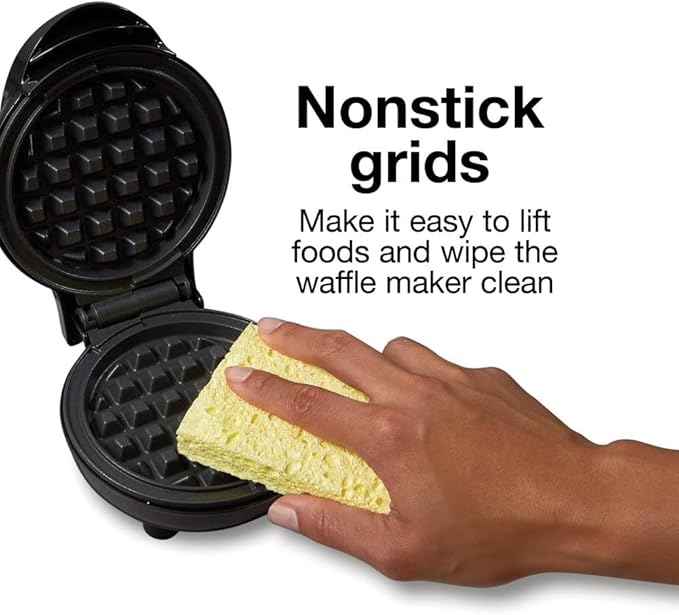 Proctor Silex Mini Waffle Maker Machine with 4” Round Non-stick Grids, Make Personalized Individual Breakfast Keto Chaffles and Hashbrowns, Compact, Black (26100)