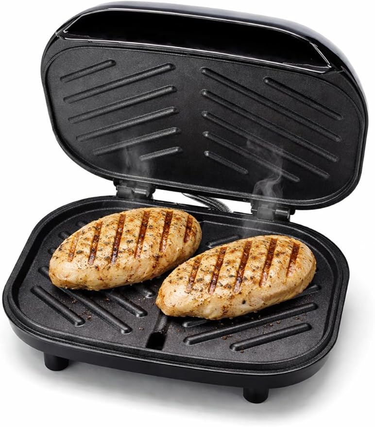 Dominion 2-Serving Classic Plate Electric Indoor Grill and Panini Press, Easy Storage & Clean, Perfect for Breakfast Grilled Cheese Egg & Steak, Black