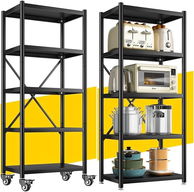 REIBII Storage Shelves for Storage with Wheels 1158LBS Heavy Duty Metal Shelving Unit Rolling Adjustable 5-Tier Pantry Shelves Kitchen Shelves Garage Shelving Utility Rack 2 Pack