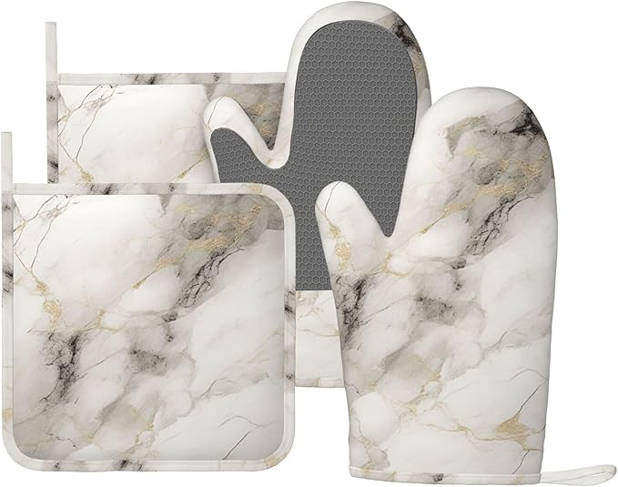 Oven Mitts and Pot Holders Set, Marble Pattern Gray White Silicone Kitchen Accessories 4 Piece Heat Resistant Long Gloves Potholder Non-Slip Grip for Chef Cooking Baking Grilling BBQ