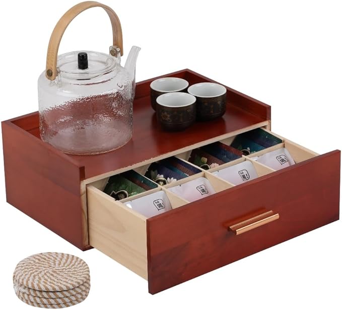 Tea Organizers and Storage Box Tea Station Organizer for Countertop with 4 Cotton Woven Coasters Pine Wood Tea Bag Organizer Drawer Teabag Holder with 8 Compartments（Brown01）