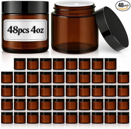 Bumobum 48 Pack 4 oz Small Glass Jars with Lids, Amber Glass Lotion Jars with Inner Liners, 120ml Round Refillable Empty Containers with Blank Labels for Cream, Body Scrub, Cosmetic