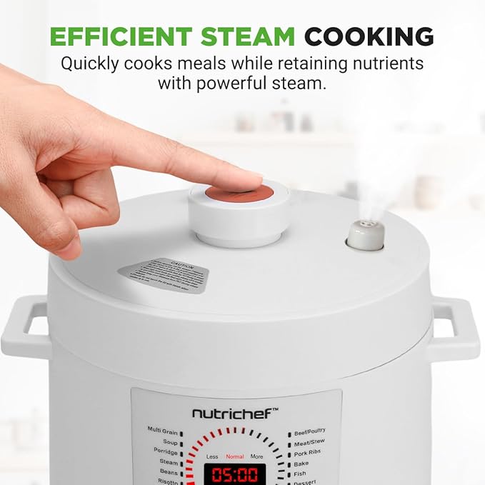 NutriChef 6 Quart Electric Pressure Cooker | 12 Function Digital Countertop Pressure Cooker | Adjustable Time & Temperature | Re-heat and Keep Warm Function | 13.1 x 11.4 IN | White