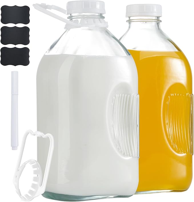 FyndraX Glass Milk Jugs Bottles - Half Gallon / 2Qt Container Pitcher with Airtight Screw Lids and Handle for Milk, Breastmilk, Juice, Iced Tea, Cold Water, 64 OZ Set of 2
