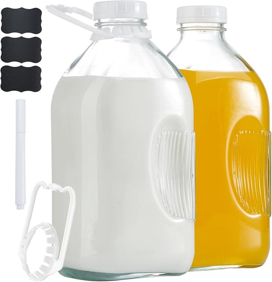 FyndraX Glass Milk Jugs Bottles - Half Gallon / 2Qt Container Pitcher with Airtight Screw Lids and Handle for Milk, Breastmilk, Juice, Iced Tea, Cold Water, 64 OZ Set of 2